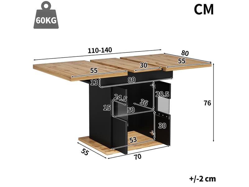 110-140 noir table à manger extensible avec rangement, design moderne, structure fonctionnelle pour cuisine et salle à manger  - Conforama B