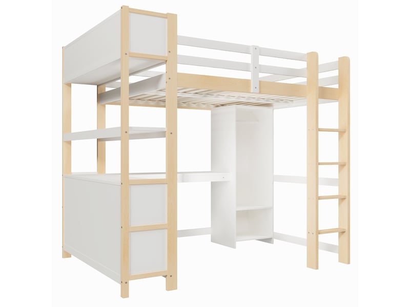  Lit mezzanine avec bureau, armoire, étagères et rangements, naturel, 140x200 cm  - Conforama D