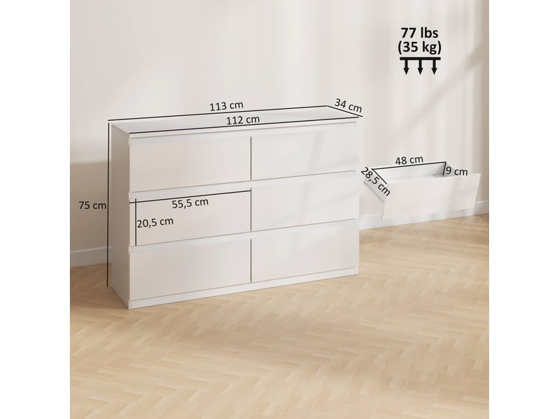  Commode à 6 tiroirs pour chambre, style moderne, pour salon ou bureau, 112 x 34 x 75 cm, blanc brillant  - Conforama E