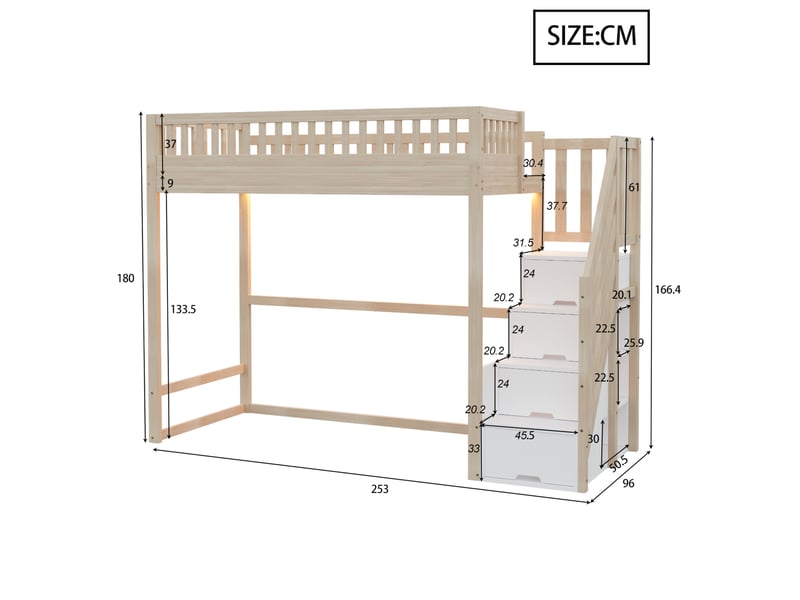 Lit mezzanine, 90x200 cm, escalier aménagé, barrière, lit simple avec led, matelas non inclus, bois, coloris naturel - Conforama C