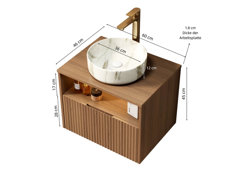  Meuble vasque suspendu avec tiroir, étagère et éclairage à détection - lpospi - céramique, chêne brun et blanc pierre  - Conforama D