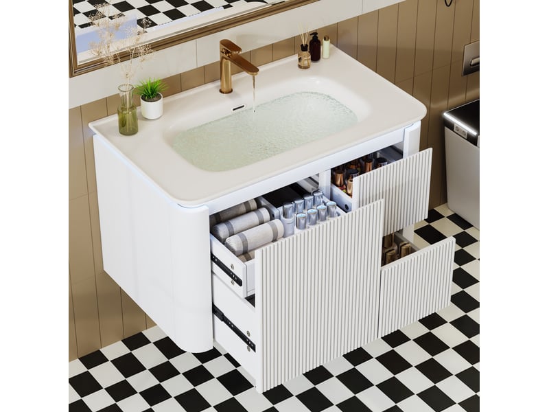 Meuble vasque salle de bain suspendu 80,5x47,5x51 cm, armoire avec led, 4 tiroirs, style moderne, mdf blanc, design - Conforama B