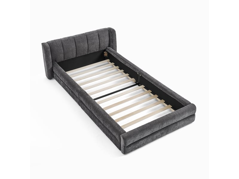 Lit 1 place 90x200 cm en chenille gris foncé avec tête de lit, sans matelas - Conforama D