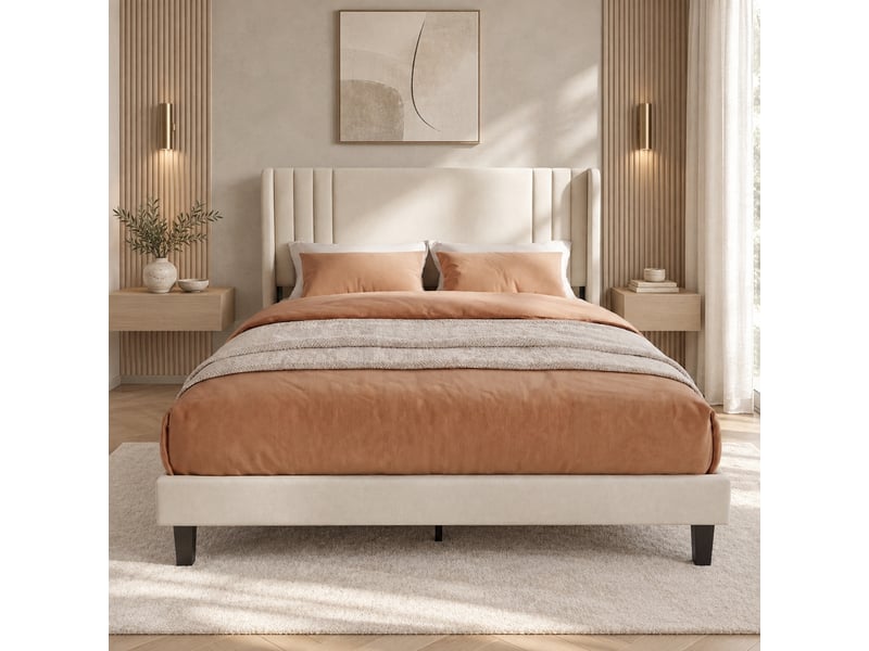  Lit adulte 140x200 cm, lit 2 places avec sommier à lattes, cadre de lit avec tête de lit capitonnée, lit double rembourré, lin beige  - Conforama W