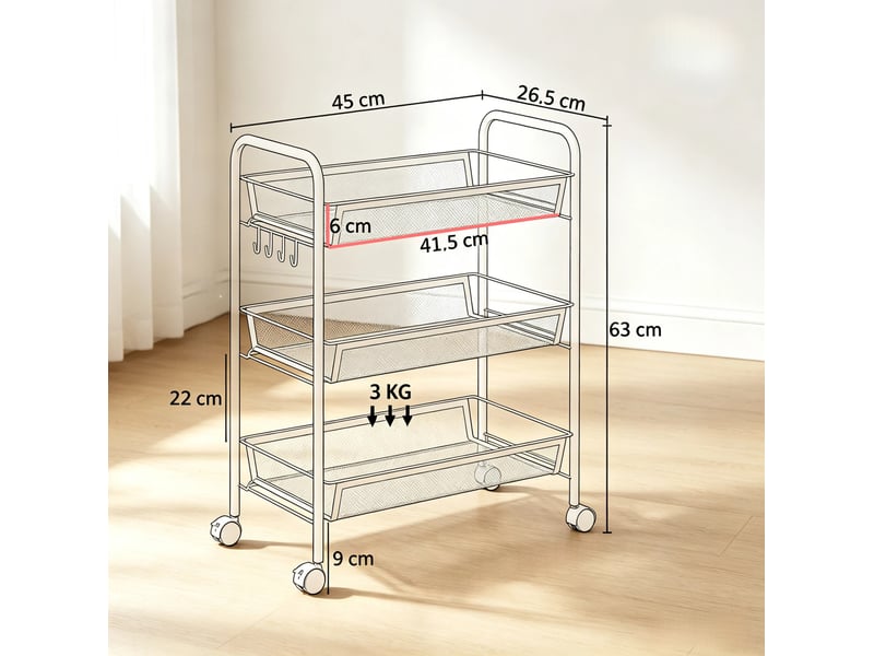  Desserte de rangement 3 niveaux 45 x 26,5 x 63 cm blanc en acier, paniers et roulettes verrouillables  - Conforama C