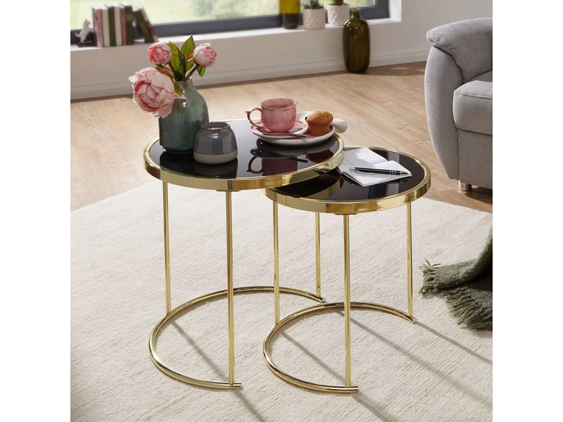  Lot de 2 tables d'appoint 50 et 42 cm en verre noir et métal doré  - Conforama B