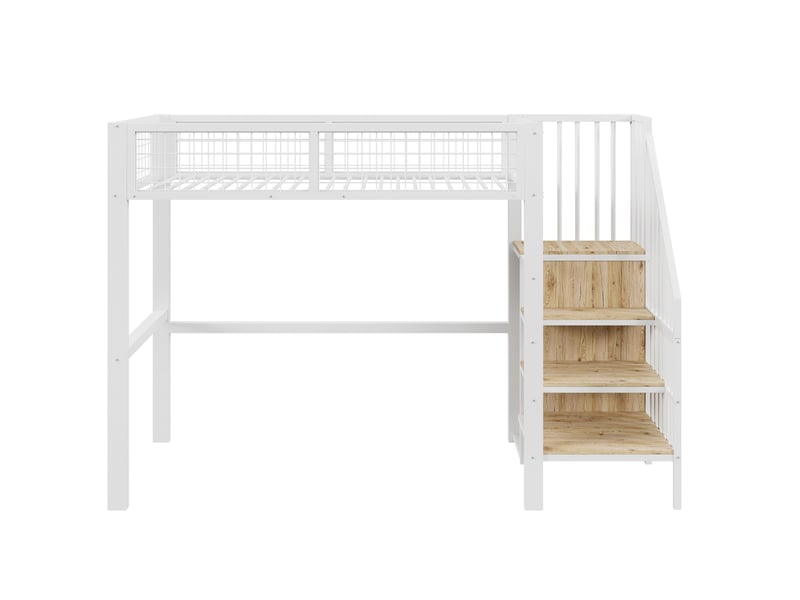  Lit mezzanine 90x200 cm avec escalier, armoire ouverte et barrière de sécurité, en métal blanc, sans matelas  - Conforama E