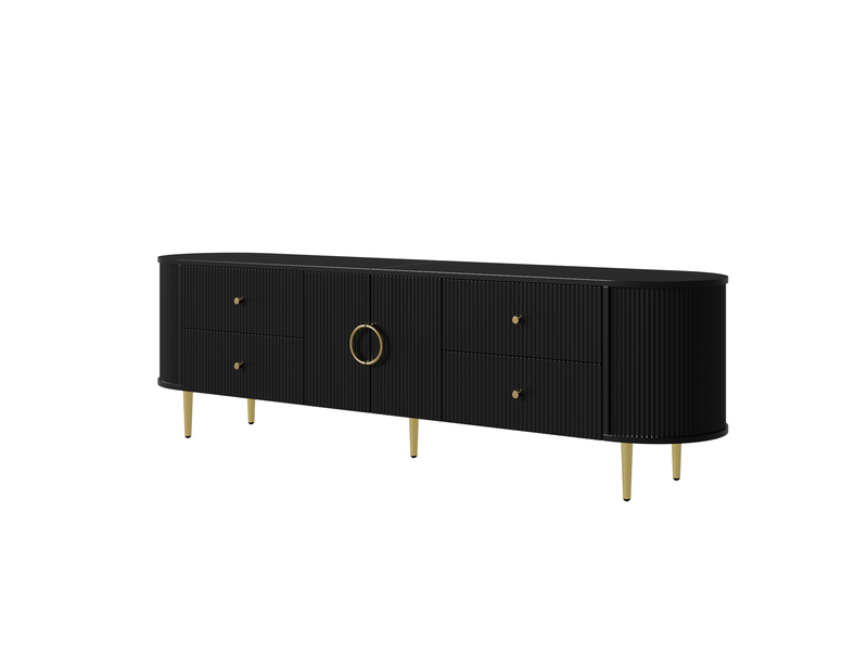  Meuble tv mdf, façade ondulée et bords arrondis, poignées aluminium, pieds en fer, tablette fixe et passe-câbles  - Conforama A