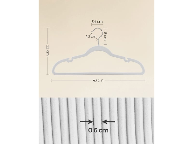  Lot de 30 cintres en velours antiglisse avec encoches et barre pour pantalons 43 x 22 cm en velours blanc 12_0010878  - Conforama B