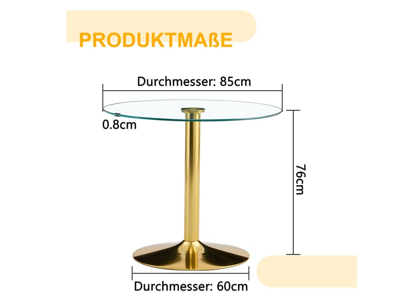  Table de salle à manger ronde en verre et métal, diamètre 85 cm, hauteur 76 cm, transparente et dorée  - Conforama E