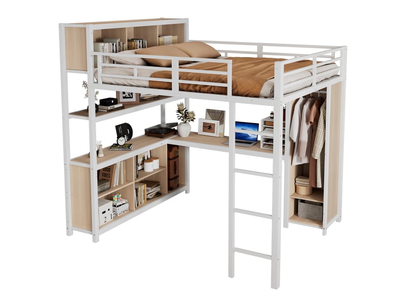  Lit mezzanine 140x200 cm avec bureau, armoire et rangements intégrés, structure métal et bois, lit surélevé avec échelle - blanc  - Conforama A