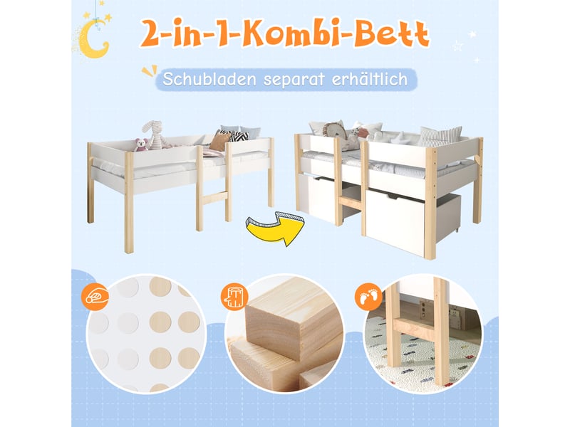 Lit enfant mi hauteur 90x190cm en bois de pin massif, lit simple structure en pin sommier inclus, blanc et chêne - Conforama E