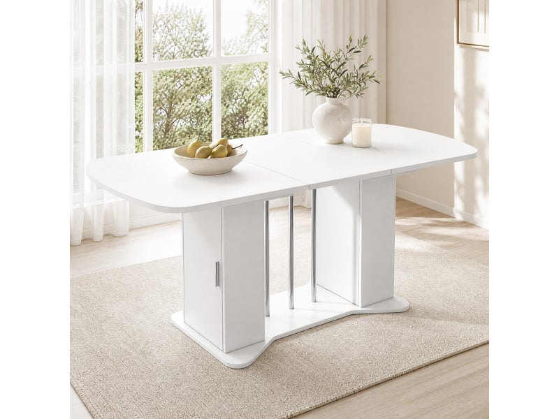  Table à manger extensible 120160x80 cm avec rangement en mdf blanc et pieds argentés  - Conforama B