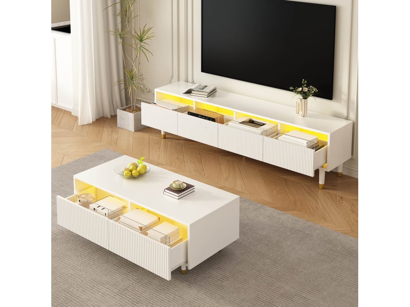  Ensemble meuble tv et table basse avec led, mdf blanc et détails dorés  - Conforama D