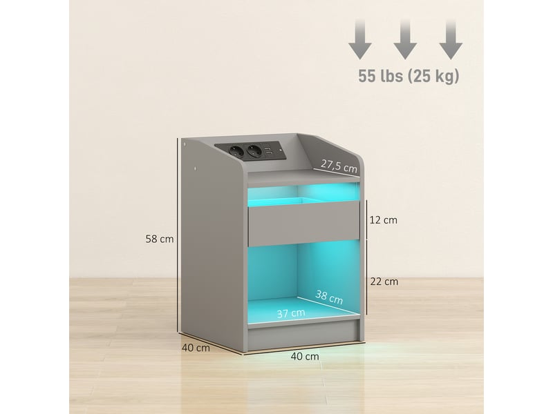  Table de chevet avec station de charge, éclairage led rgb, tiroir, étagère ouverte, ports usb et télécommande, 40 x 40 x 58 cm, grise  - Conforama E