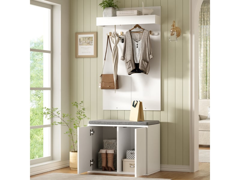 Meubles d'entrée 3 en 1 avec 4 crochets, banc et meuble à chaussures 2 portes blanc pour couloir 60 × 35 × 145 cm - Conforama B
