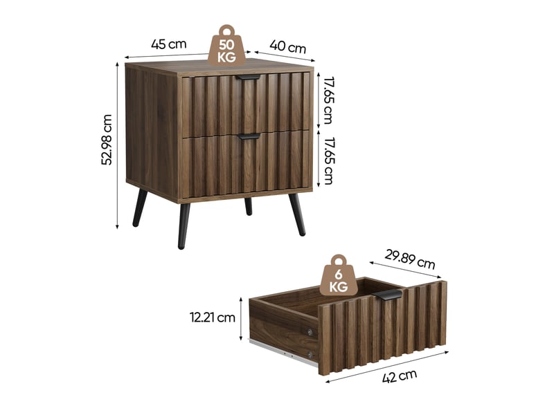 Table de nuit 2 tiroirs 45 x 40 x 53 cm, finition noyer en panneaux mdf, piètement métallique stable et design encastré  - Conforama C