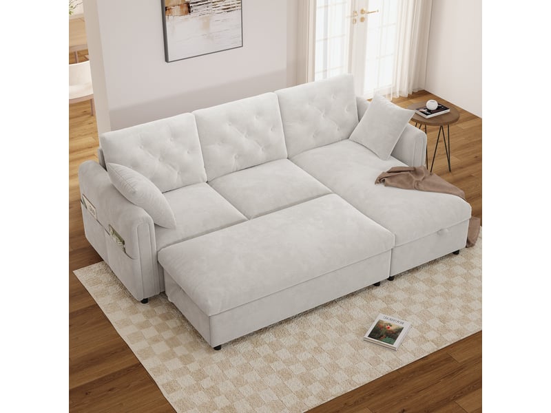 Canapé d'angle 4 places avec méridienne et pouf en velours beige, 219×131×86 cm, rangements intégrés, méridienne réversible - Conforama W