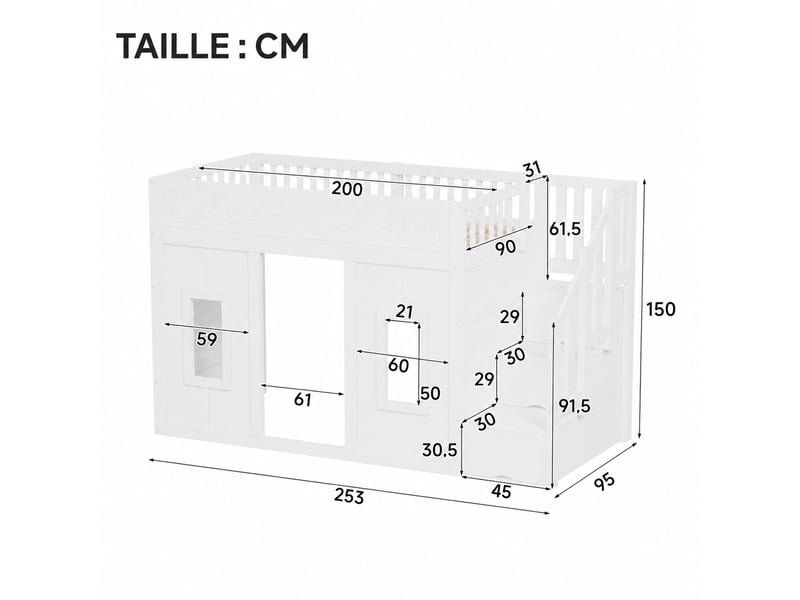 Lit mezzanine 90x200 cm avec escalier de rangement, structure blanche en pin et mdf pour chambre enfant  - Conforama C