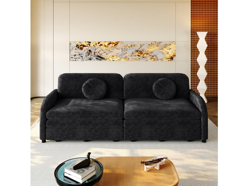  Canapé-lit 2 places 206x84x90 cm 3-en-1, poche latérale, canape droit en métal, bois, mousse et tissu chenille noir  - Conforama D