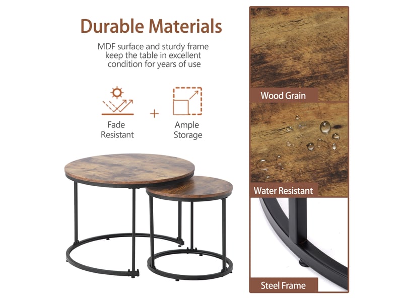  Table basse gigogne ronde 2 pièces avec structure métallique et plateau mdf effet bois pour salon moderne, marron  - Conforama E