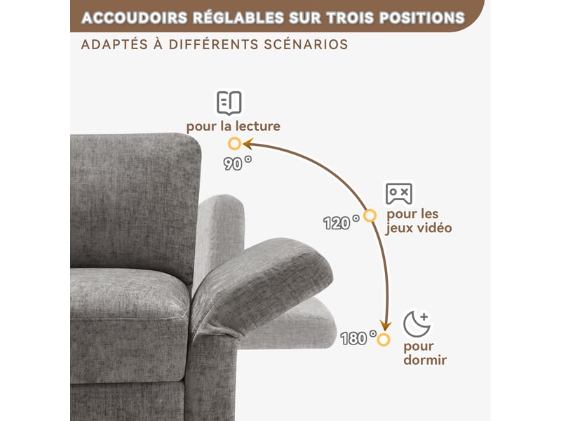 Canapé d'angle en l avec pouf modulable, 3 à 4 places en tissu chenille gris, accoudoirs réglables, idéal pour salon et appartement - Conforama E