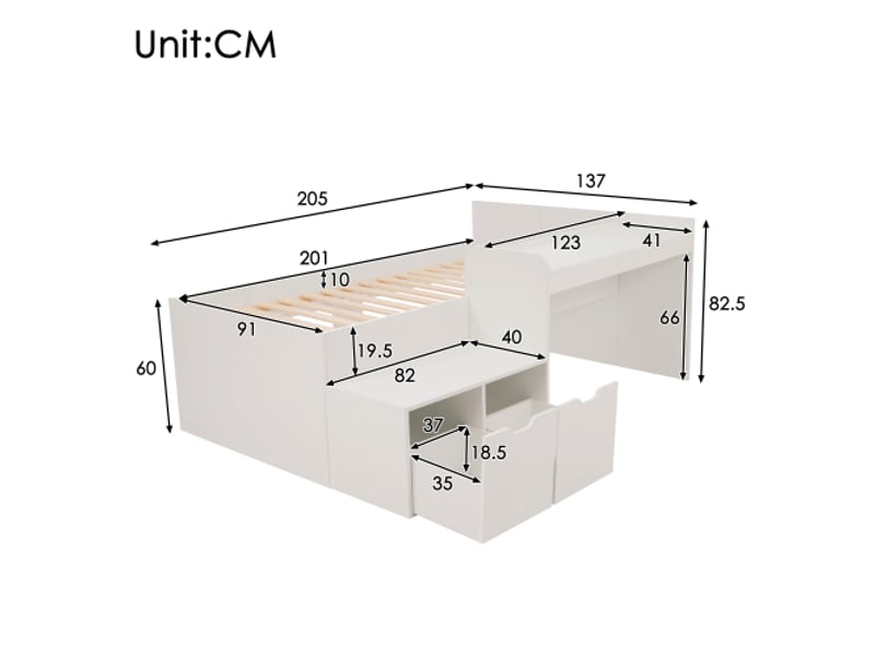  Lit enfant 90x200 cm, lit simple avec bureau et tiroirs, sommier à lattes, blanc, sans matelas  - Conforama C