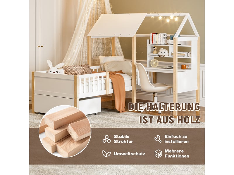  Lit enfant 90x200 cm en bois massif – bureau intégré, rangements, barrière de sécurité  - Conforama E