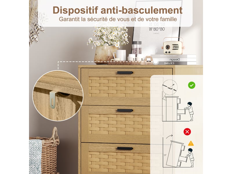 Commode en bois et rotin avec 4 tiroirs, meuble de rangement cannage scandinave, 55x40x95 cm - Conforama R