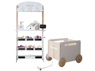 Stand de marché en bois - avec chariot, fruits et accessoires - 95,5 cm