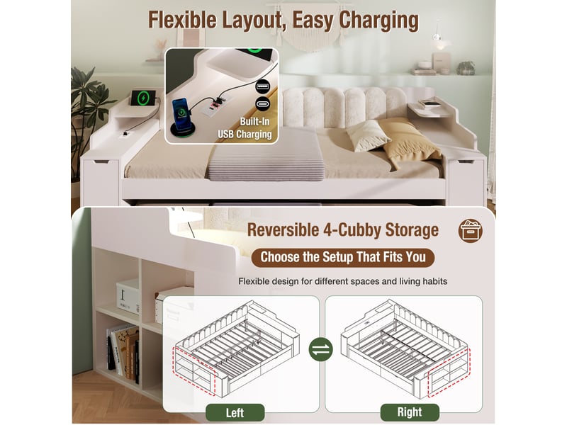 Lit avec rangement 140 x 190 cm, lit gigogne, sommier métallique, cadre en bois avec station de charge, rangement dissimulé blanc - Conforama D
