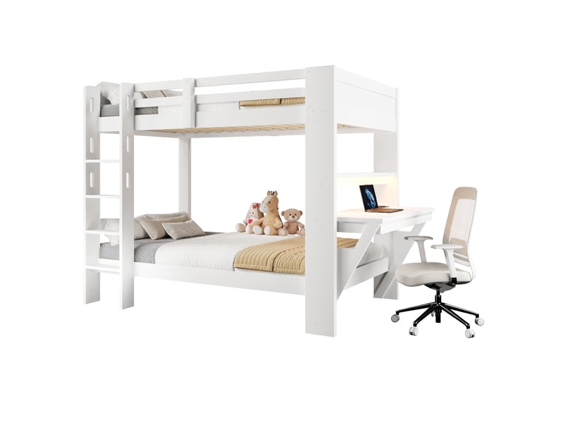 Lit superposé 90x200 cm, avec bureau et prises, led, en bois, blanc, sans matelas - Conforama A