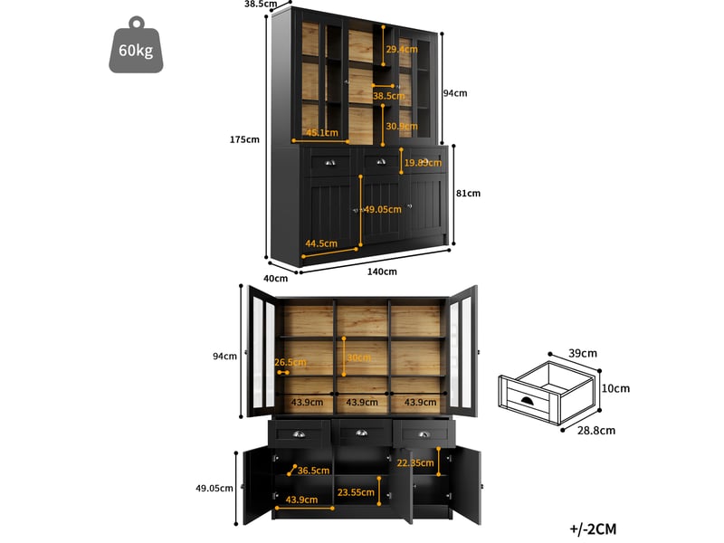  Vaisselier vitrine 140 x 38,5 x 175 cm avec 3 tiroirs, mdf et acrylique noir  - Conforama C