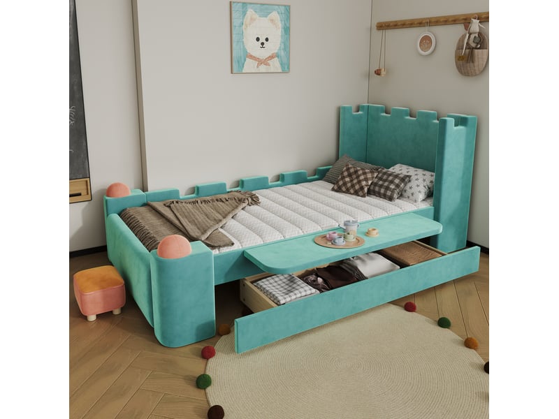  Lit enfant château 90x200 cm en velours bleu-vert avec tiroir et tablette pliante  - Conforama D