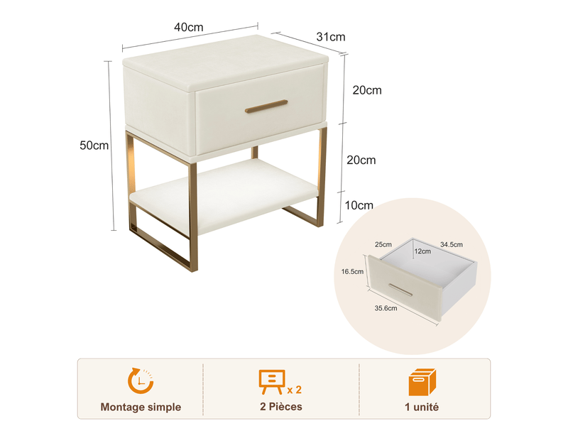  Lot de 2 tables de chevet en velours, table de nuit rembourrée avec 1 tiroir - étagère ouverte - pieds et poignée en métal doré, table d'appoint style moderne chic pour chambre à coucher, beige  - Conforama C