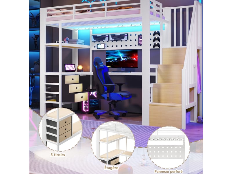  Lit mezzanine 90 x 200 cm surface de rangement tiroir panneau perforé table intégrée prise intégrée éclairage led structure métal blanc  - Conforama E