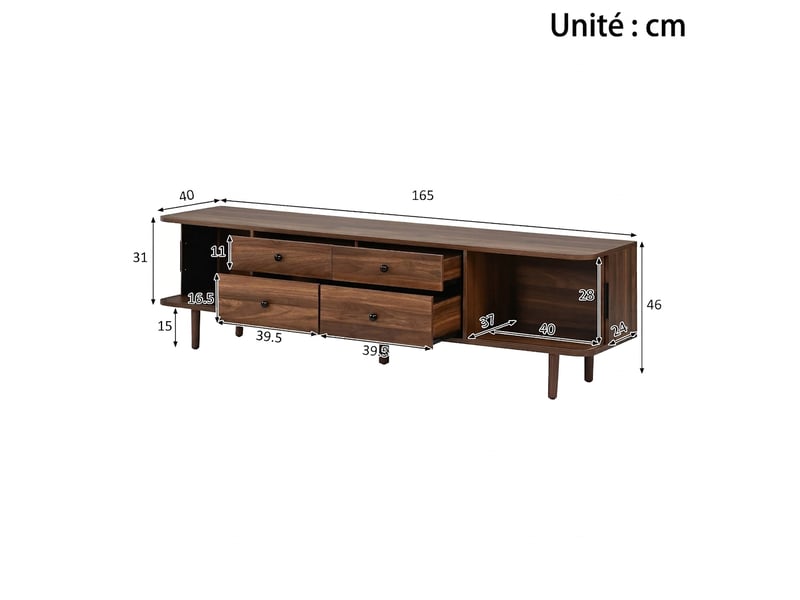 Meuble tv 165 cm mdf avec 4 tiroirs et 2 portes coulissantes, coins arrondis, couleur bois - Conforama E