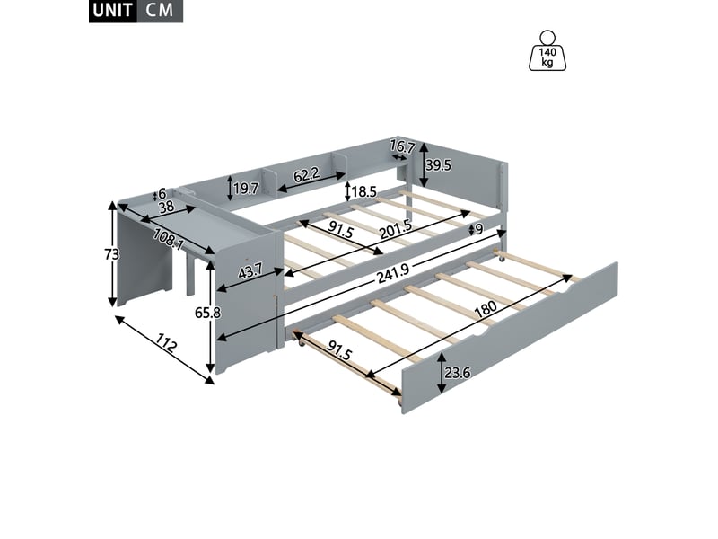  Lit enfant 90x200 cm avec lit gigogne et bureau, coloris gris  - Conforama C