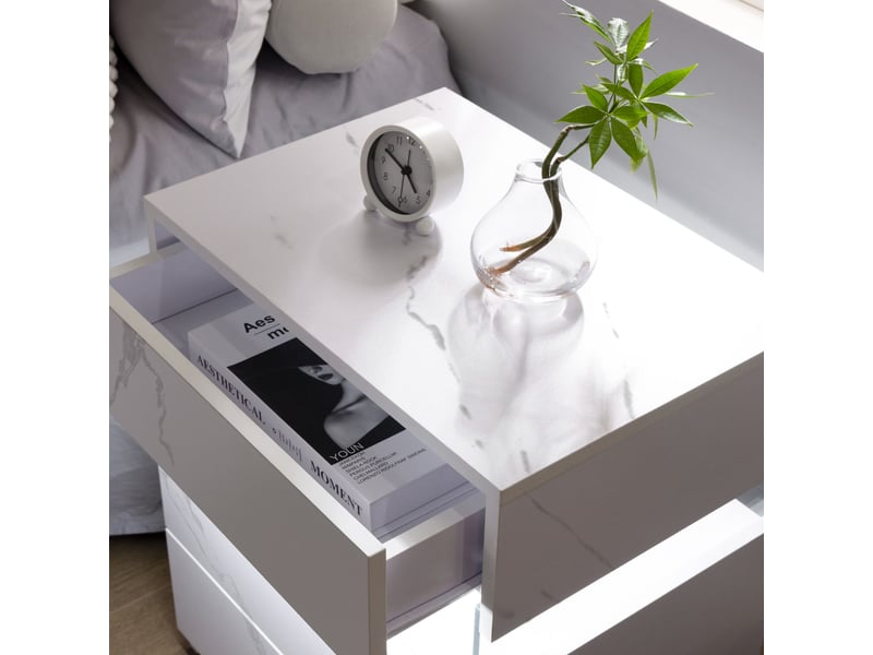  Table de chevet 3 tiroirs avec éclairage led et panneau acrylique pour chambre en bois blanc mat  - Conforama D