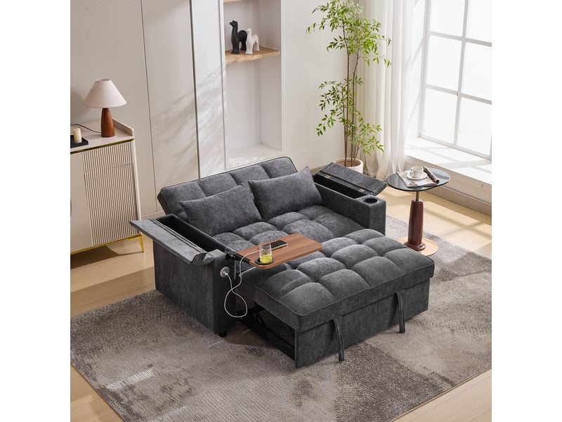  Canapé-lit convertible 2 places 140,5x74 cm, 3-en-1, dossier réglable 3 positions, usbusb-c, table cachée, porte-gobelets, rangement, tissu gris  - Conforama C