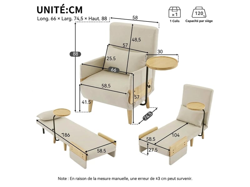  Fauteuil convertible 3 en 1, fauteuil lit 1 place avec tablette, beige  - Conforama E