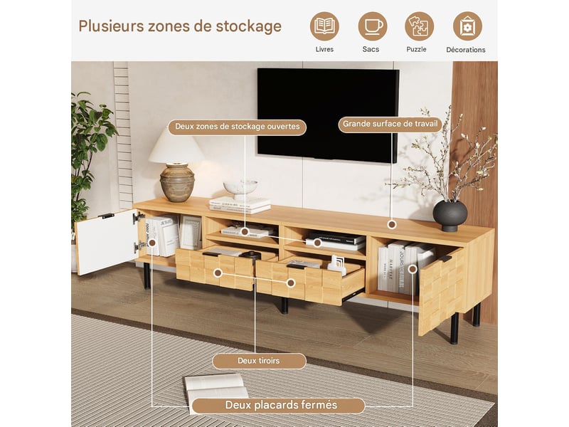  Meuble tv 2 portes 2 tiroirs pour écran jusqu'à 80 coloris bois naturel 200x35x44.5 cm N625P460448449Z - Conforama E
