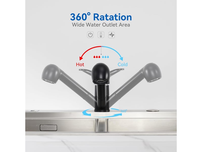  Robinet de cuisine noir avec douchette extractible, rotation à 360°, sortie d'eau chaude et froide monotrou, convient aux éviers, cuisines ou lavabos  - Conforama D