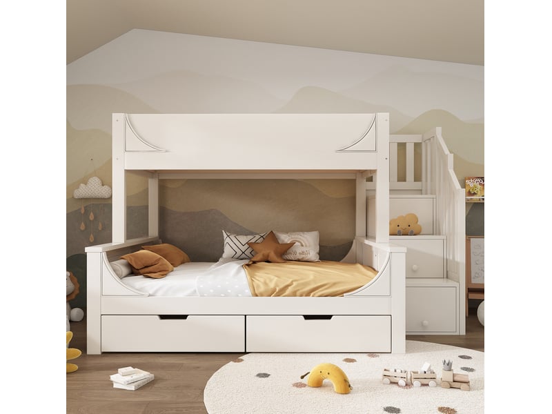  Lit enfant superposé, 253x148x150 cm, avec armoire d'escalier, tiroirs, matelas non inclus, bois et mdf, coloris blanc  - Conforama D