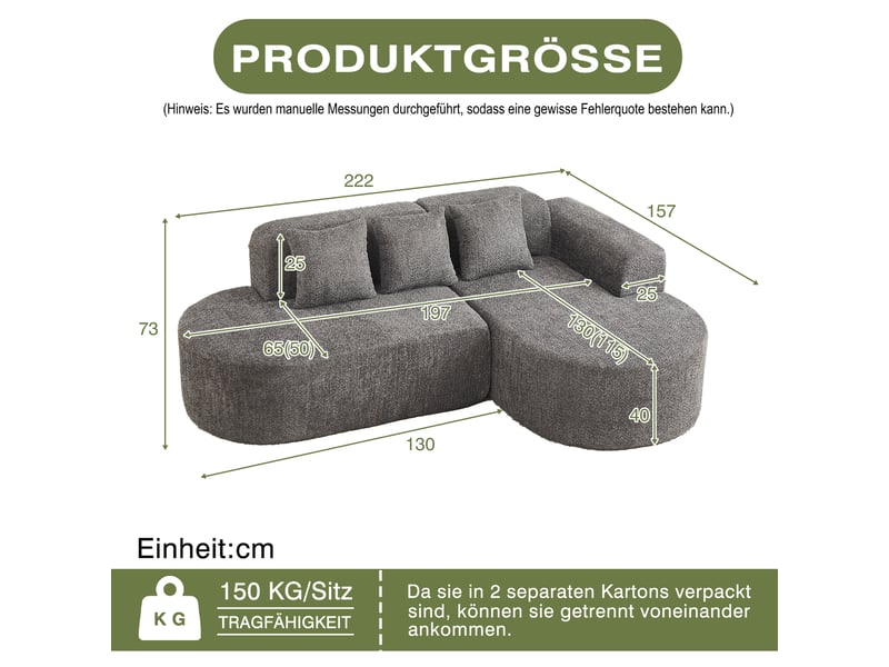 Canapé d’angle en l 3 places 222x157x73 cm avec méridienne droite, formes arrondies style wabi-sabi, 3 coussins dossier, chenille gris anthracite - Conforama D