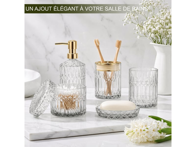  Ensemble salle de bain 5 pièces en verre transparent taillé diamant, distributeur de savon et accessoires assortis  - Conforama D