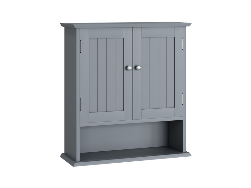  Meuble mural salle de bain gris clair, placard 2 portes, étagères ouvertes, porte-serviettes, rangement  - Conforama A