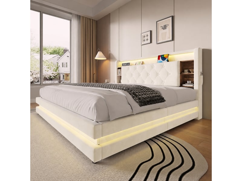  Lit coffre 160 x 200 cm avec rangement, cadre en velours beige, tête de lit multifonction, led et usb  - Conforama D