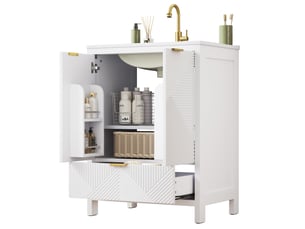 Meuble sous vasque 61 cm blanc avec lavabo en céramique, 2 portes et tiroir, rangement pratique pour salle de bains