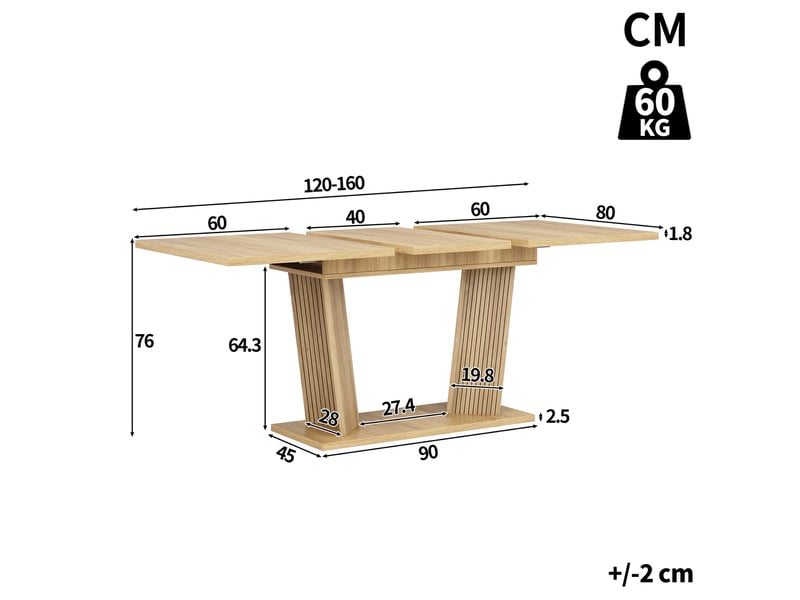 Table à manger extensible naturel et marron clair, rangement, étagères réglables, confort, solide, robuste - mdf - 160x80x76cm - Conforama E